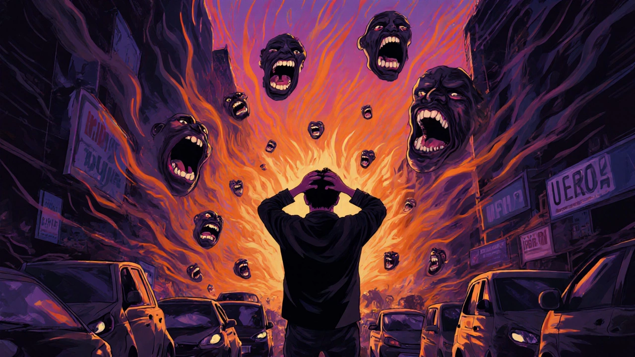 A person overwhelmed by swirling shadowy faces in a busy Indian street, hands on head.