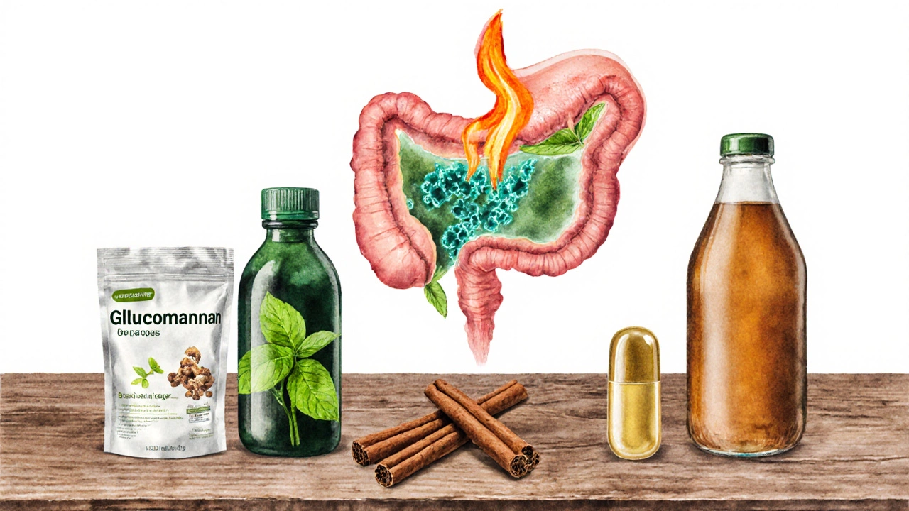 Assortment of supplement bottles with a stylized stomach showing fiber swelling, thermogenesis, and insulin symbols.