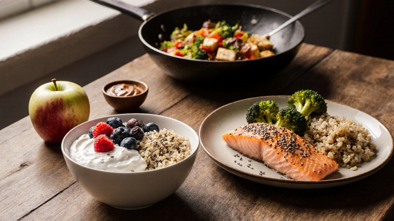 Balanced healthy meals displayed on a table, illustrating protein, fats, and carbs.