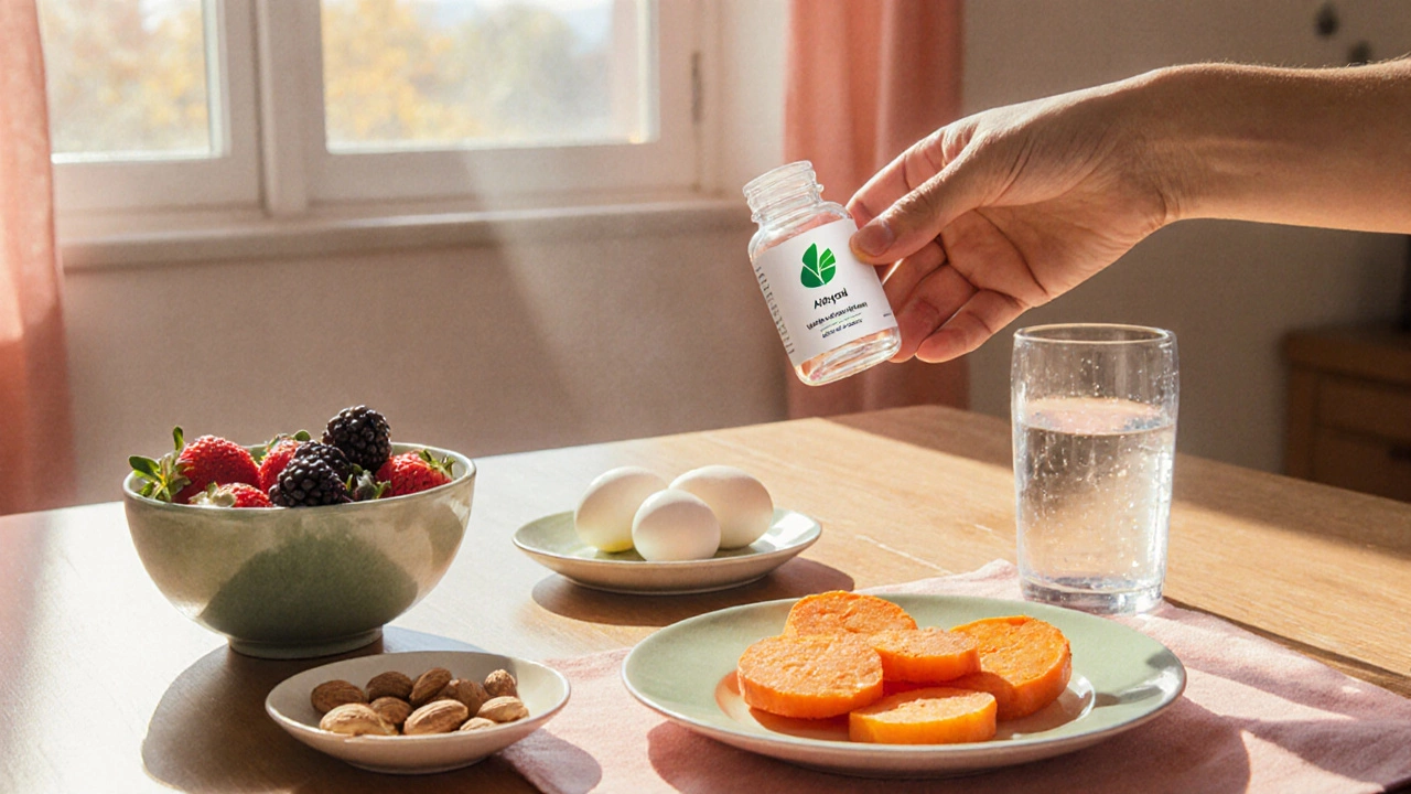Breakfast table with healthy foods and a vitamin bottle in morning light.