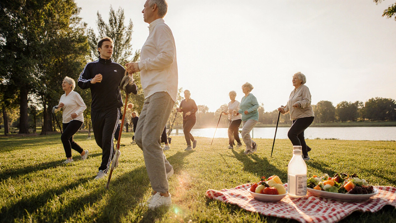 Cardiac rehab class exercising outdoors with healthy food and medication nearby.
