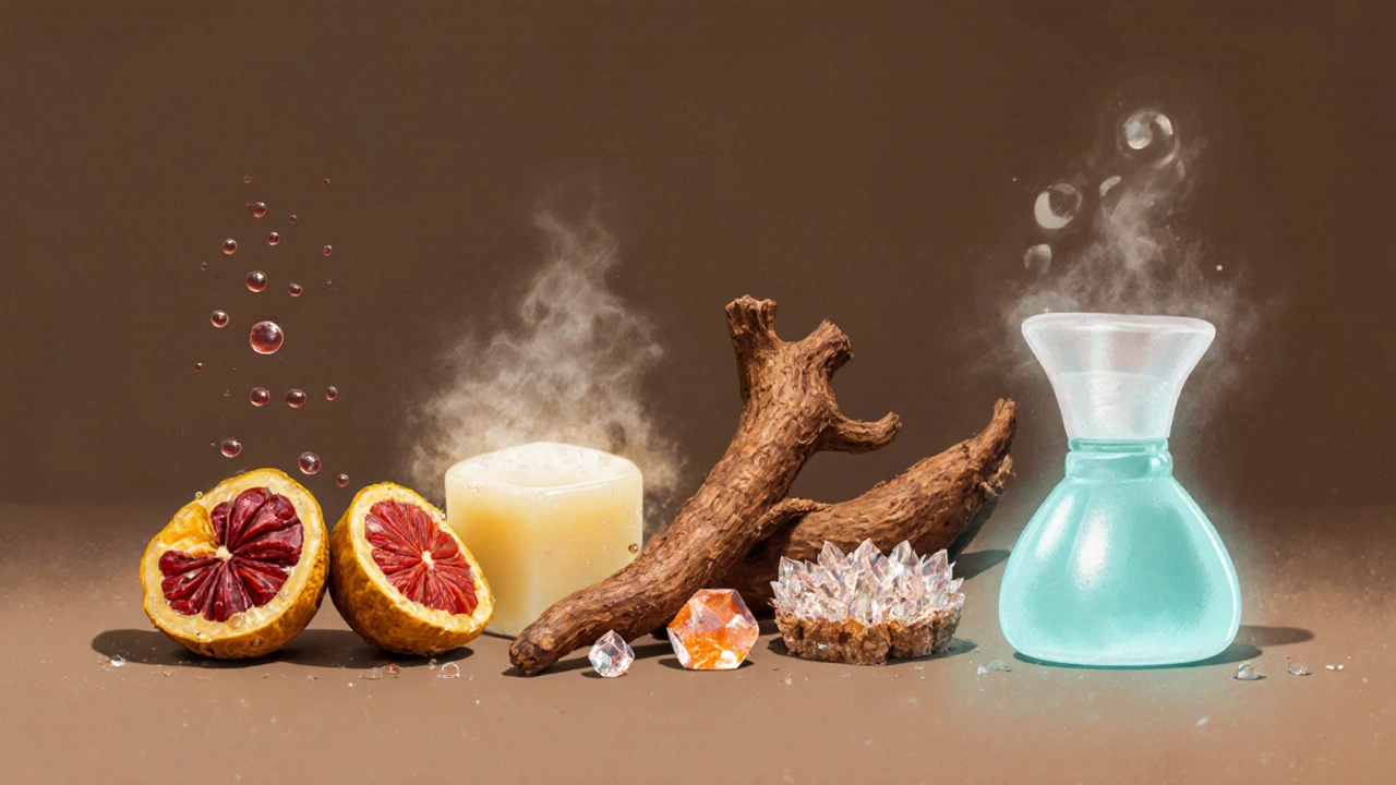 Close‑up of cleanse herbs each with a subtle hint of its possible side effect.