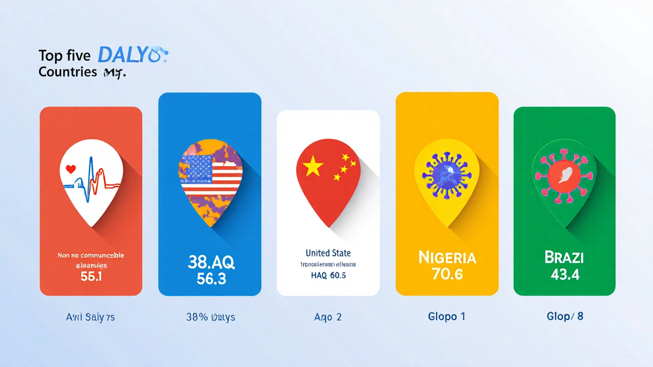 Collage of top five DALY countries showing icons, numbers and HAQ scores.