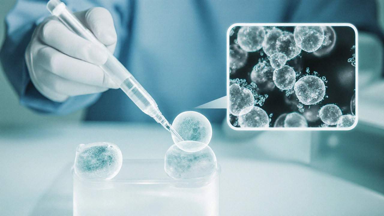 Embryologist placing two embryos into a transfer catheter in a sterile lab, highlighted with detailed cells.