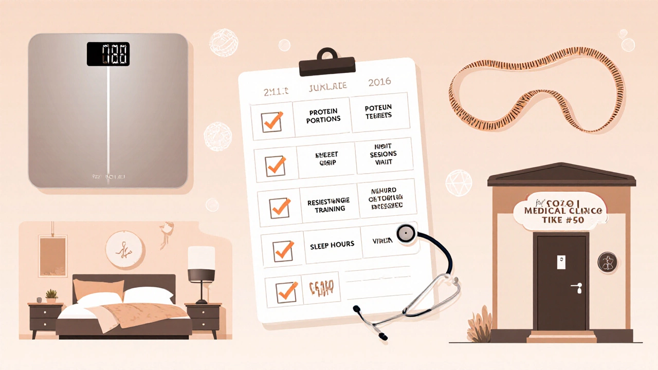 Flat‑design collage of a weekly checklist with icons for protein, exercise, sleep, and a clinic.