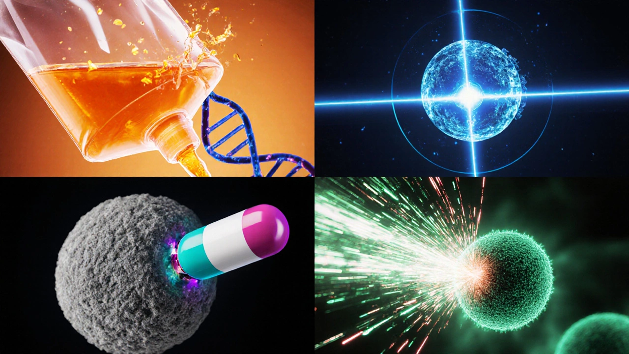 Four‑panel illustration of chemotherapy, radiation, targeted drug, and immunotherapy.
