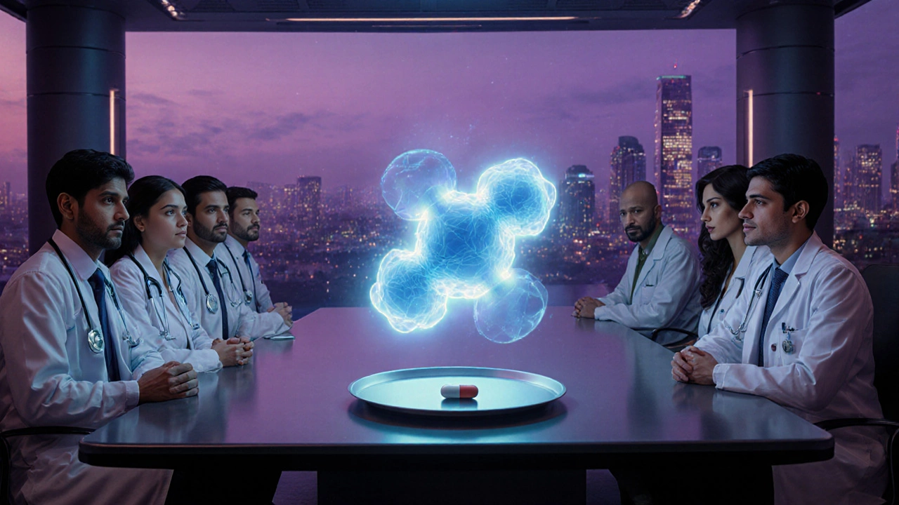 Futuristic medical conference with doctors viewing a holographic dual‑agonist molecule beside a Metformin pill.