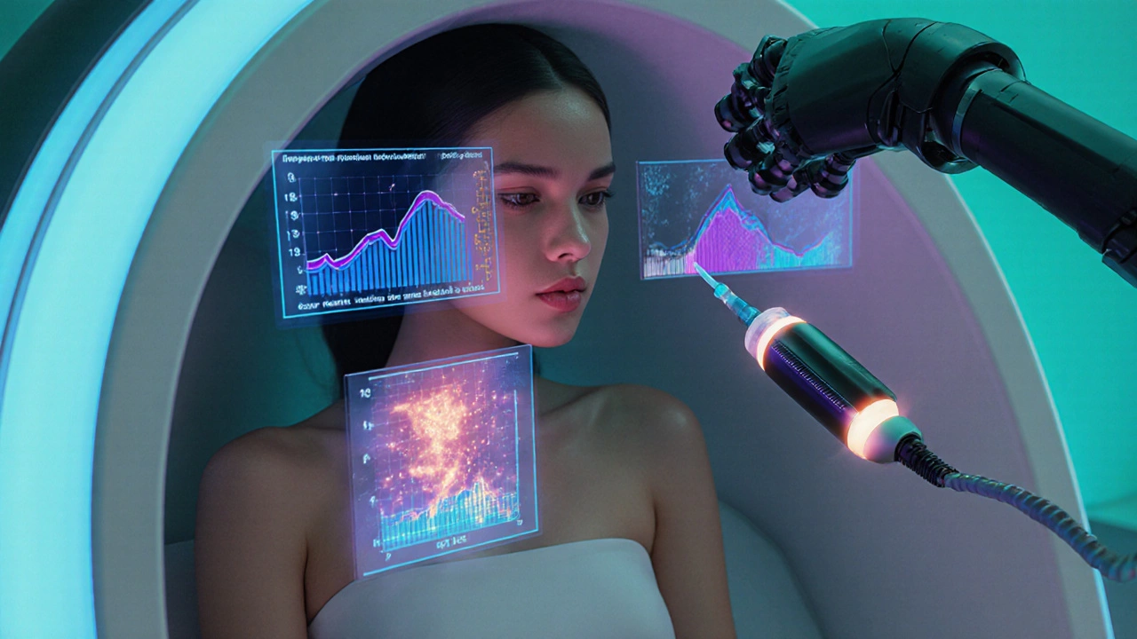 Futuristic spa pod with holographic skin map, RF microneedling device, and robotic filler injector.