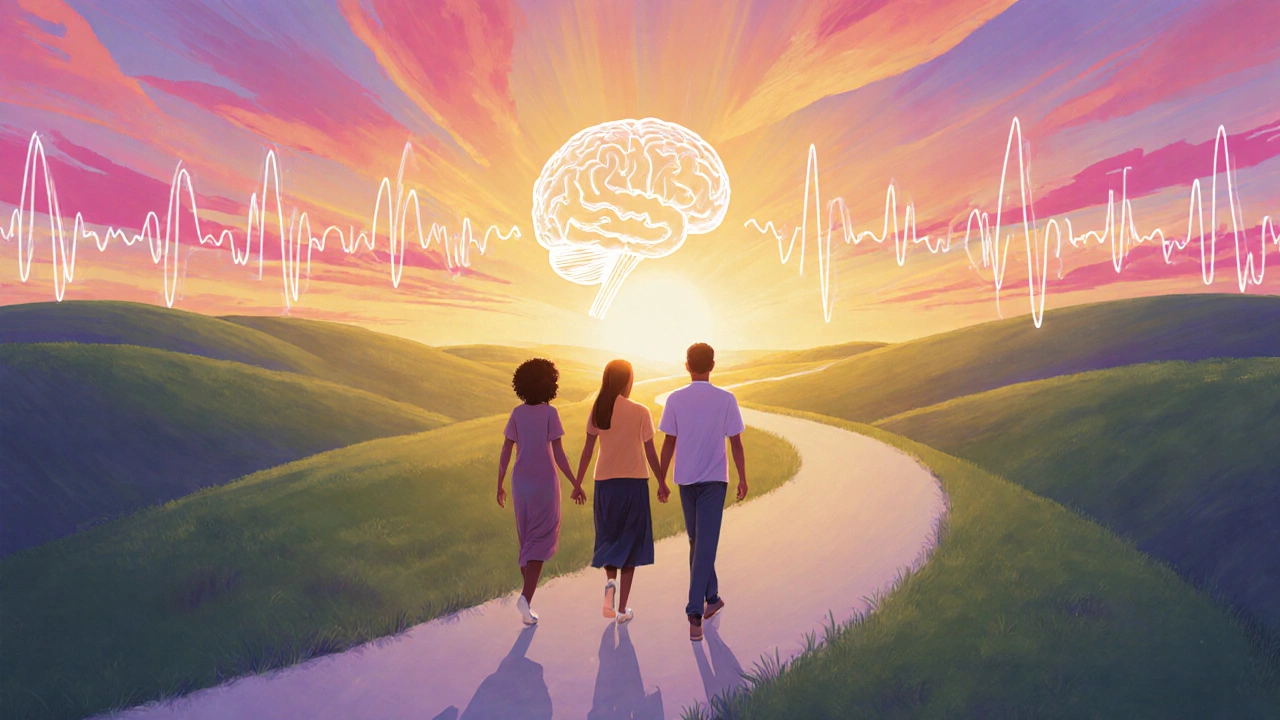 Group walking toward sunrise with glowing brain waves, depicting hope.