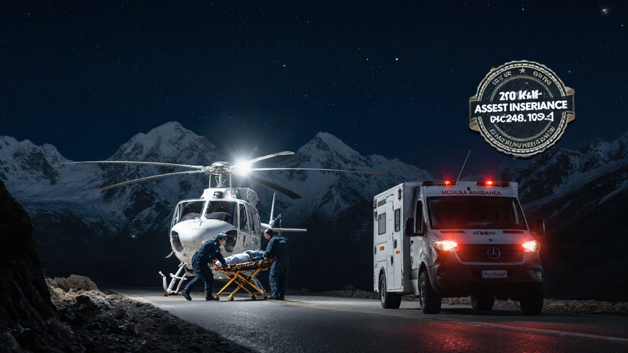Helicopter and ambulance evacuating a traveler at night, paramedic holding insurance assistance phone.