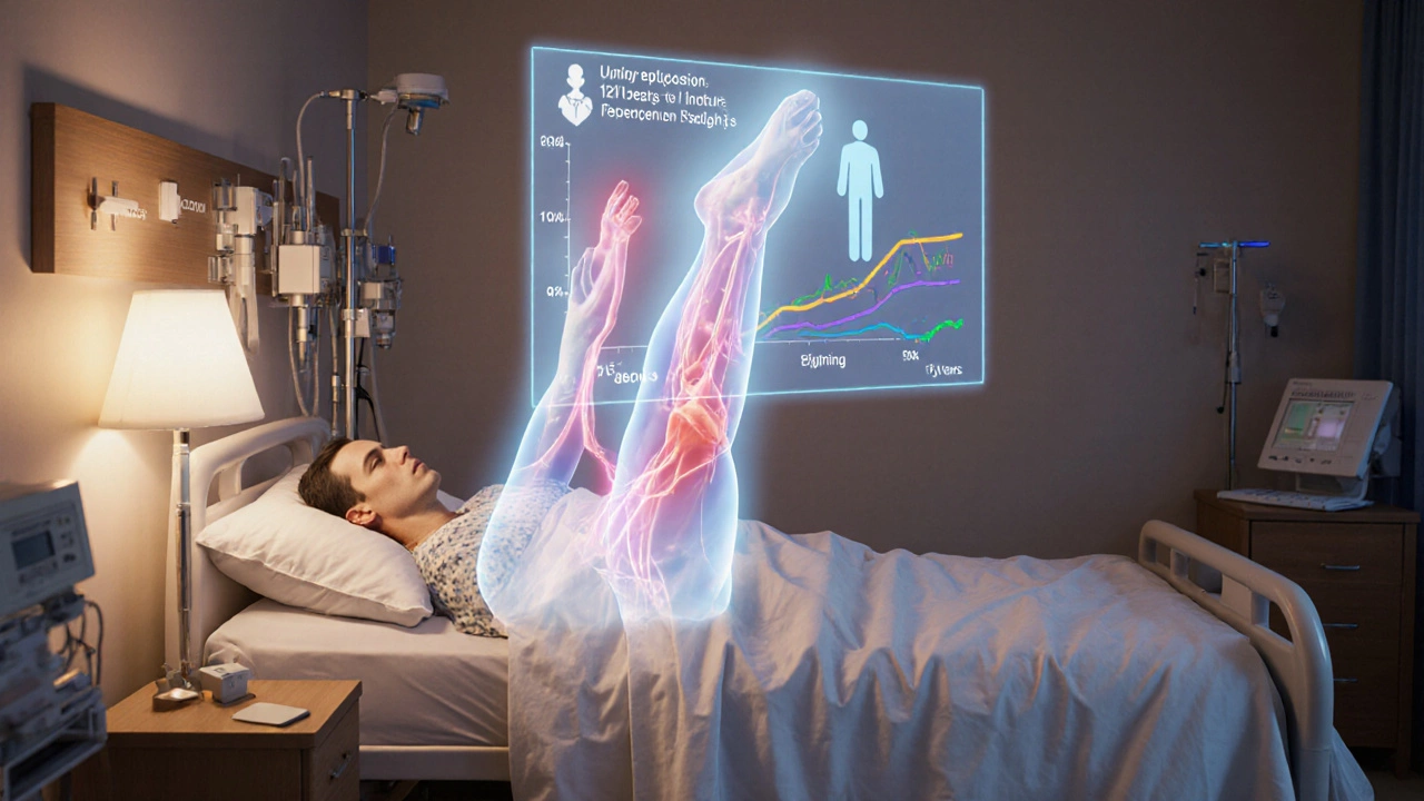 Hospital scene of a patient with a swollen leg, overlay indicating blood clot and infection risk.