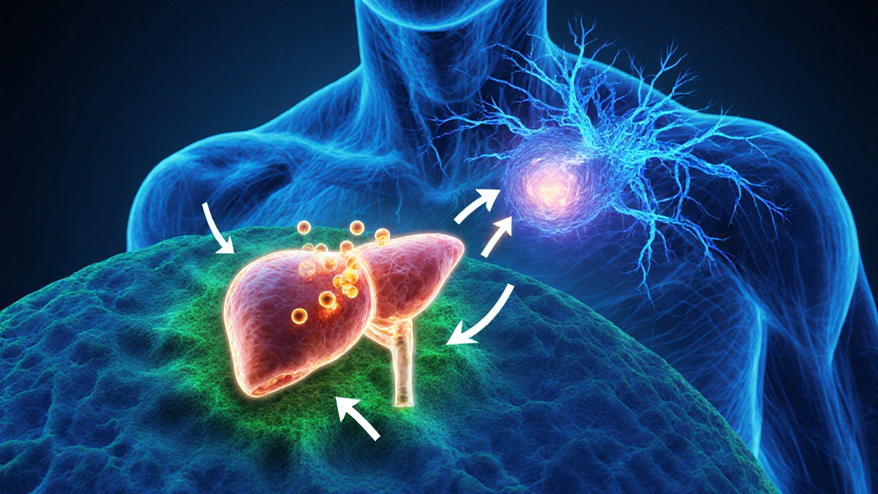 Illustrated view of liver and muscle cells showing Metformin reducing glucose production and boosting uptake.