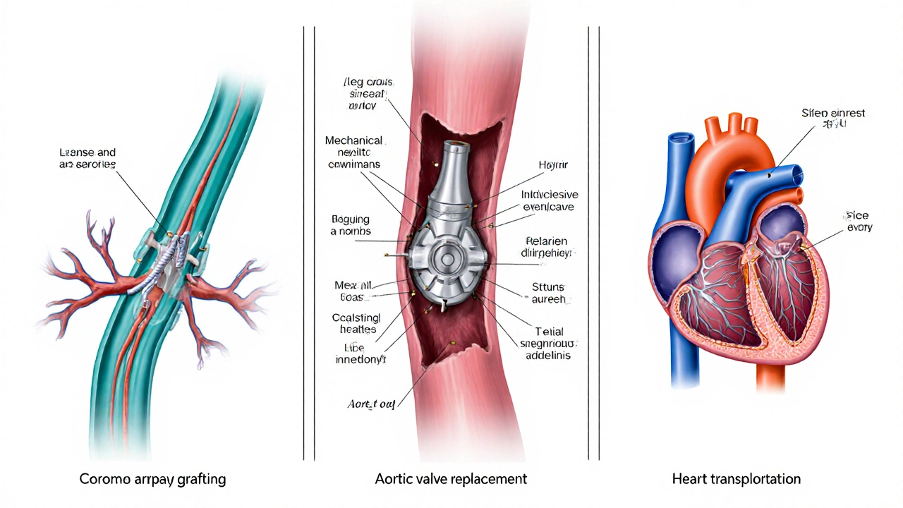 Illustration of CABG, aortic valve replacement, and heart transplant side by side.