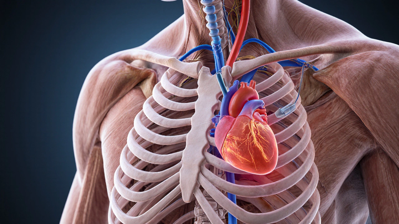 Medical illustration of chest after open‑heart surgery showing split sternum, rib spread, epidural catheter, and inflammation.