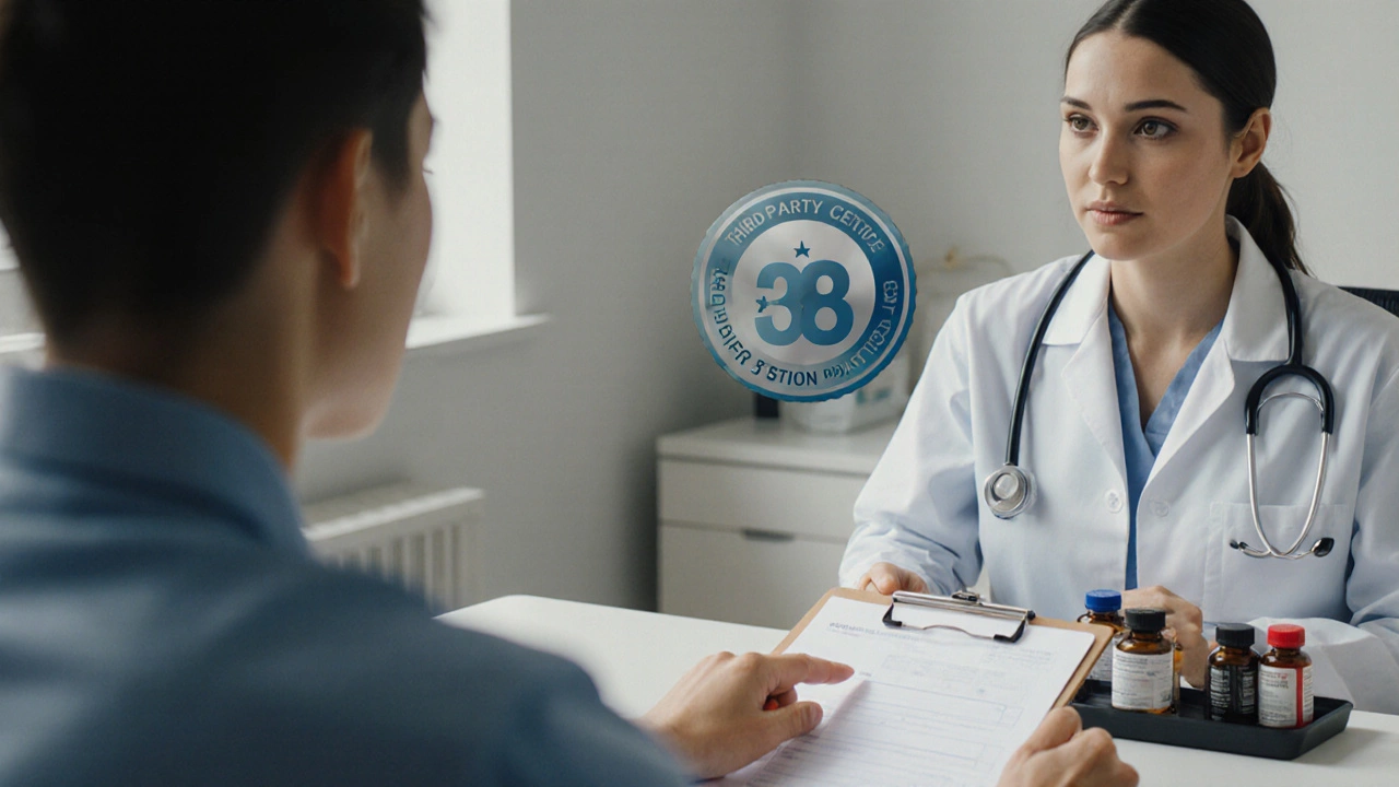 Patient and doctor discussing supplement safety in a bright clinic setting.