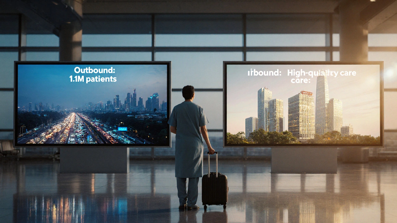 Patient at airport looking from a smoky Indian city toward a modern hospital destination.