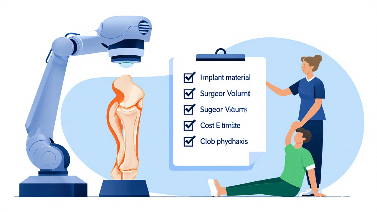Patient choosing knee surgery, with a robotic arm on one side and a therapist guiding exercises on the other.