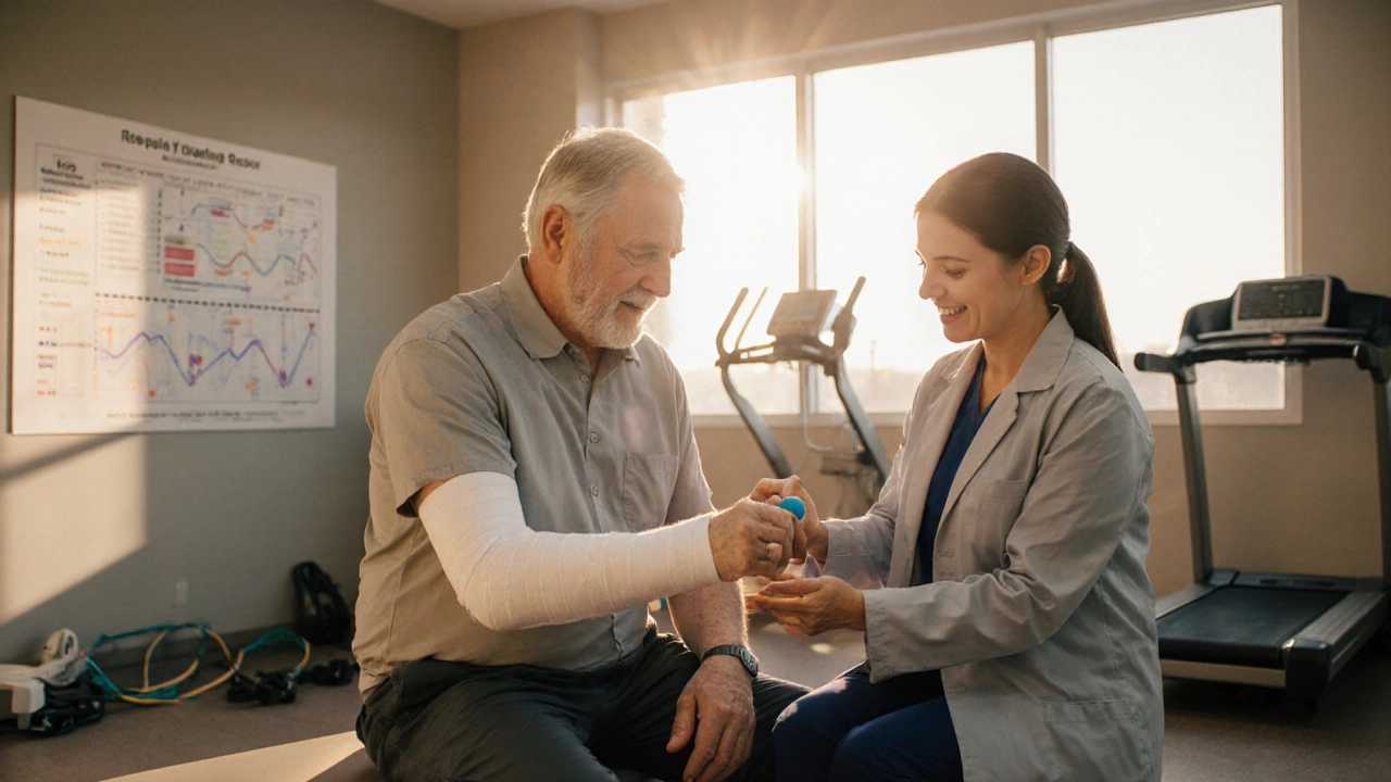 Patient in a wrist cast performs physiotherapy exercises with a surgeon.