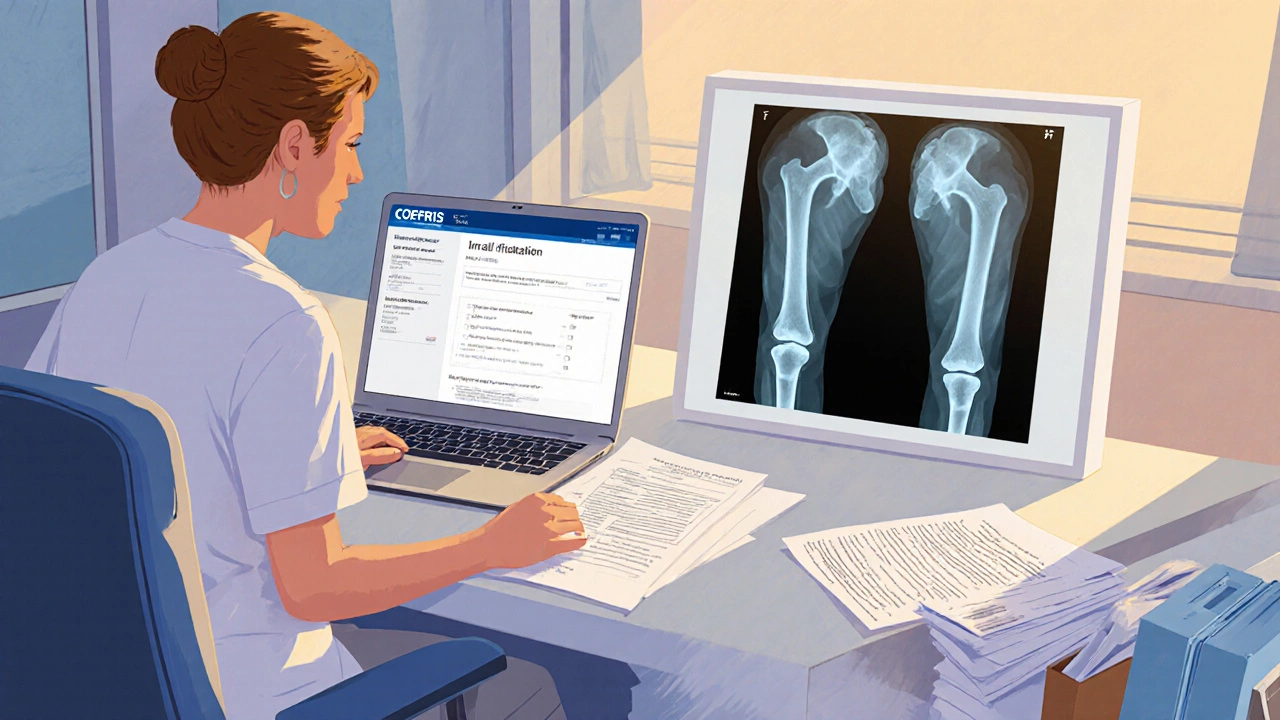 Patient reviewing English medical documents with a nurse, showing X-rays and discharge summary in a hospital room.