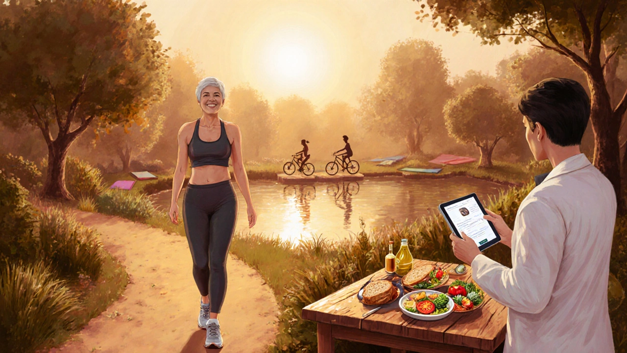 Patient walking in a garden with healthy food, doctor, and exercise symbols.