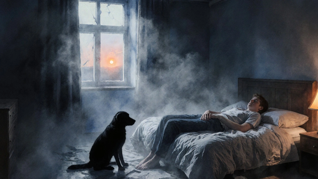 Person in foggy bedroom with a black dog silhouette, representing depression.