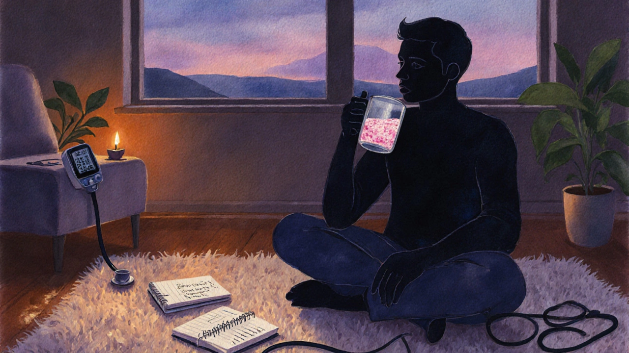 Person sipping salted warm water, checking health logs, with calming dusk lighting.