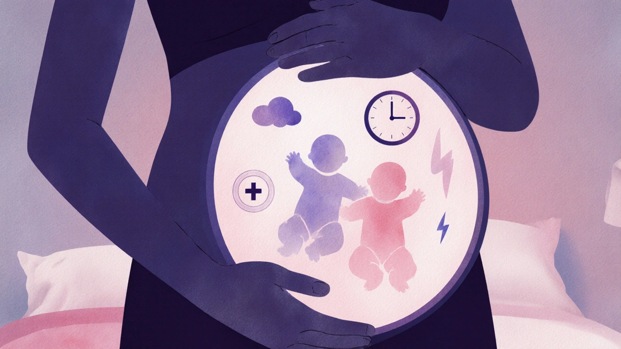 Pregnant woman with watercolor silhouette showing two babies inside, surrounded by subtle risk symbols.