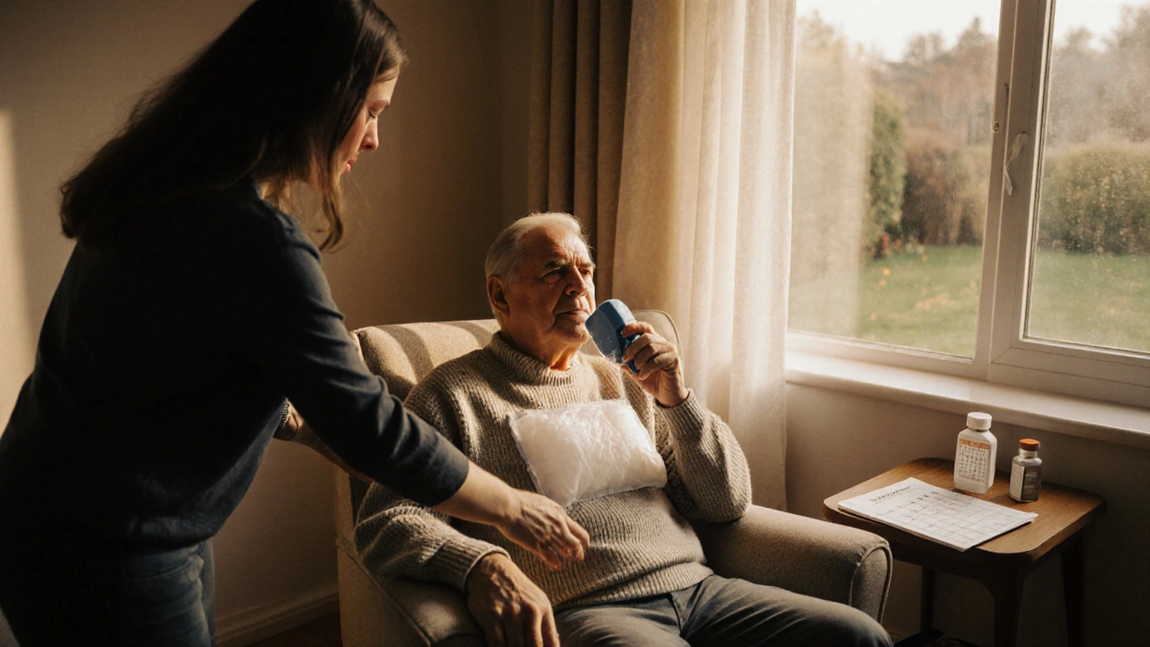 Recovering patient at home doing breathing exercises, with ice pack on chest and supportive family member.