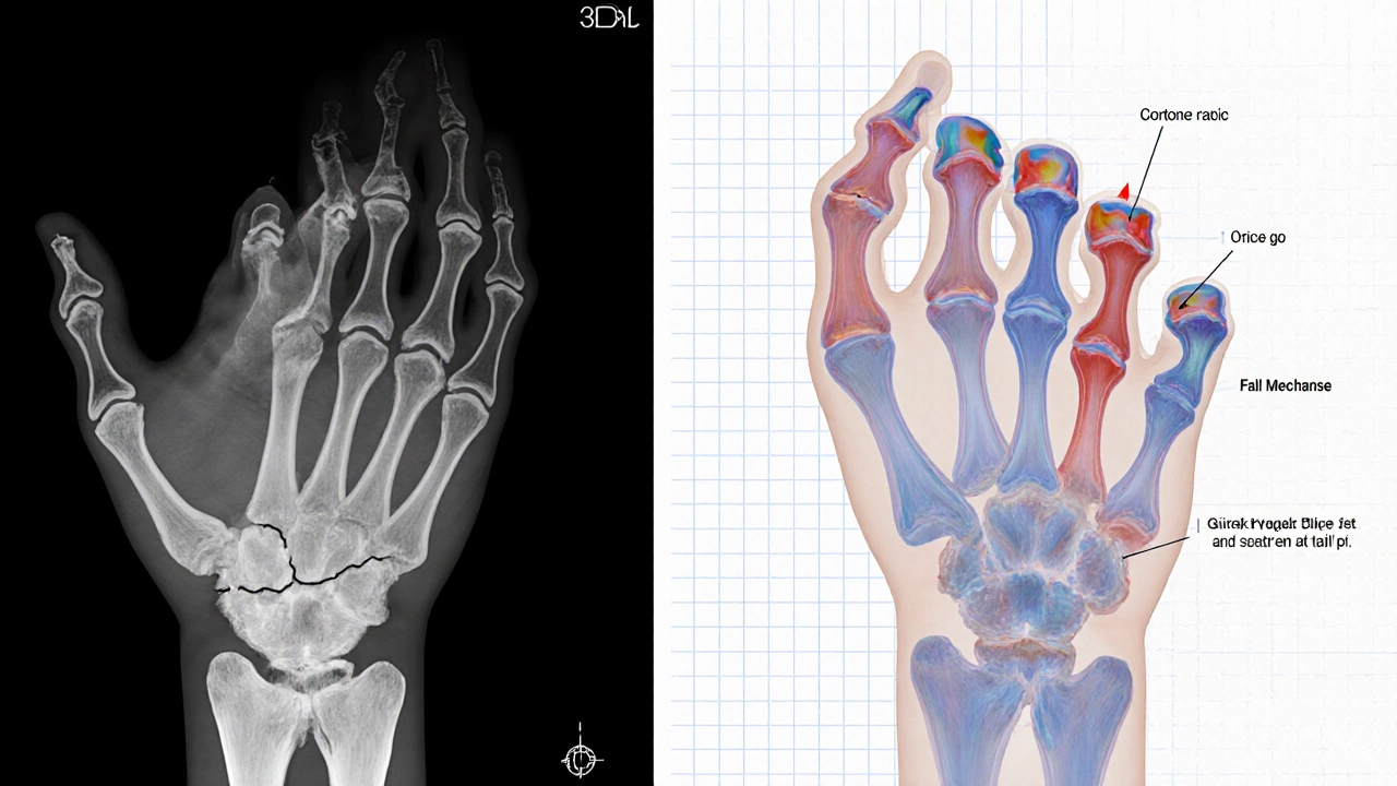 Side‑by‑side X‑ray and 3D illustration showing a distal radius fracture.