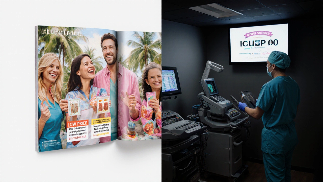 Split image: glossy medical tourism brochure vs. real accredited surgical suite with verified credentials.