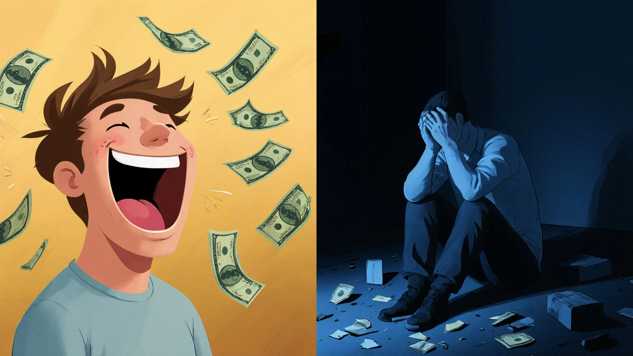 Split image: one side shows wild celebration, the other shows isolation and despair.