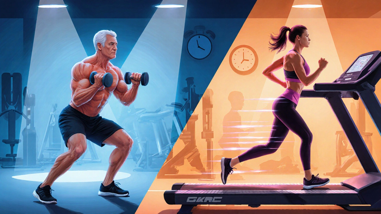 Split‑screen of a person doing dumbbell squats and another sprinting on a treadmill for HIIT.