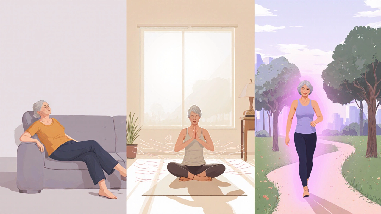 Three activity scenes showing sedentary, yoga, and brisk walking for a mid-life woman.