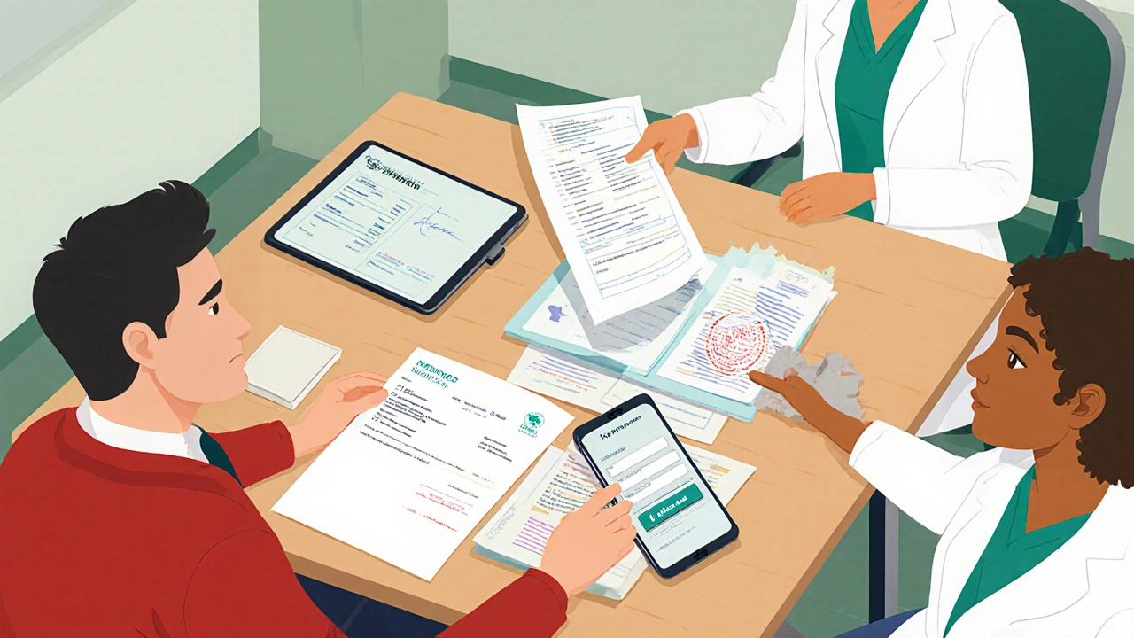 Traveler reviewing medical invoices and using a tablet to upload claim documents in a clinic.