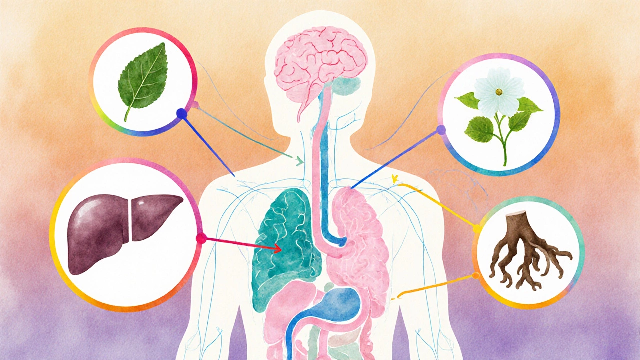 Watercolor illustration showing liver, kidneys, and brain with herb icons indicating interaction risks.