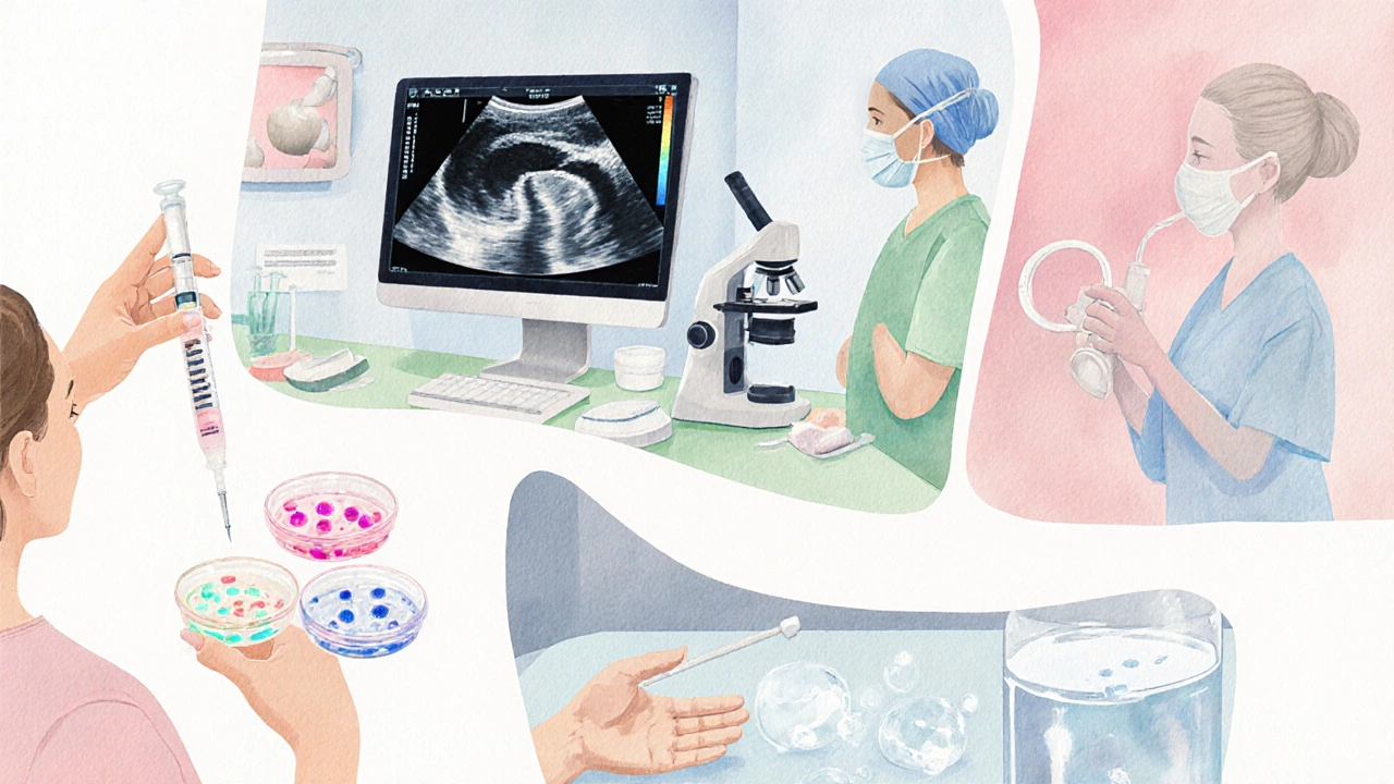 Watercolor montage of IVF steps from medication to embryo freezing.