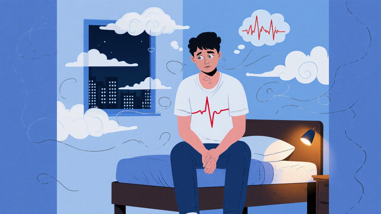 Young adult sitting on a bed at night, appearing tense with visual cues of worry.