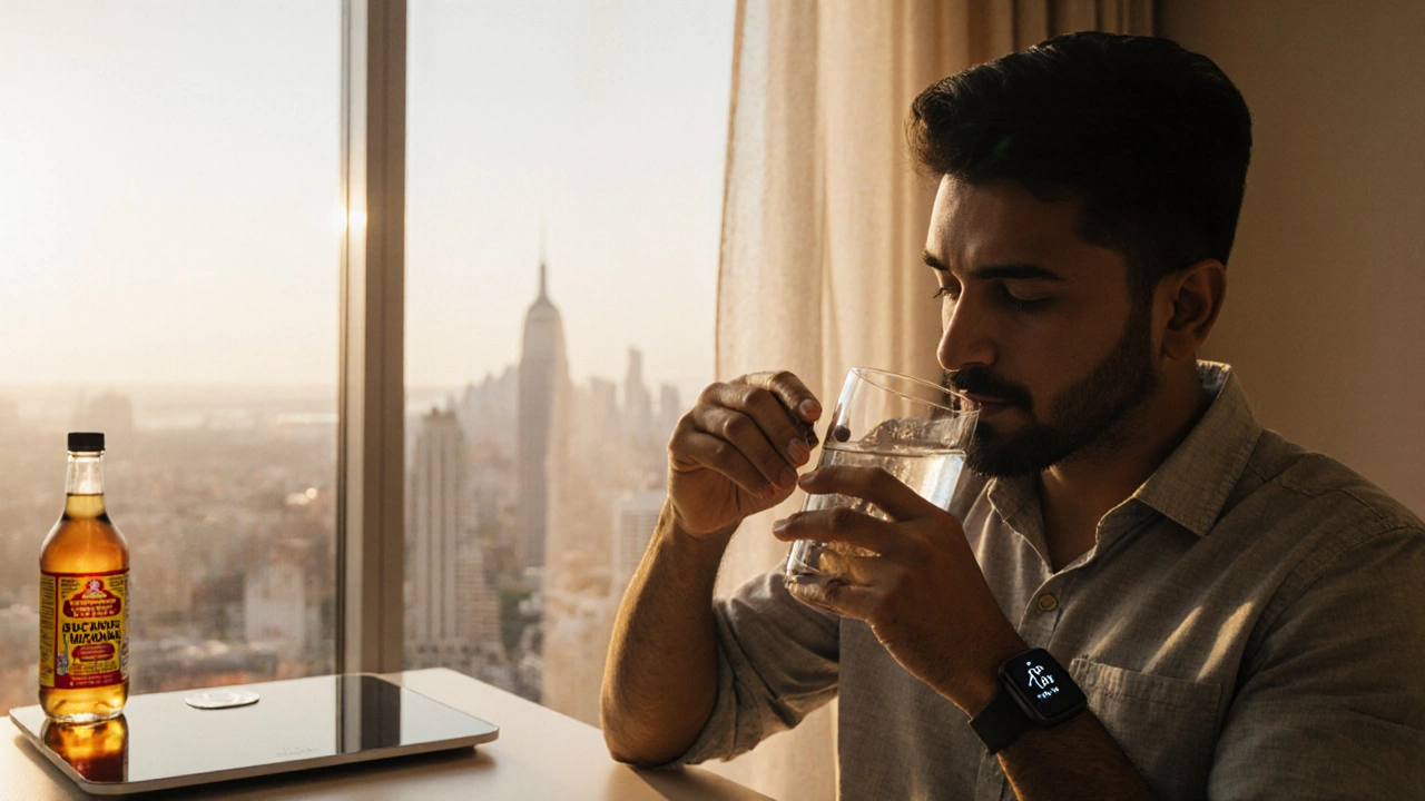 Young Indian man preparing his supplement routine in a bright apartment, with subtle hints of weight loss progress.