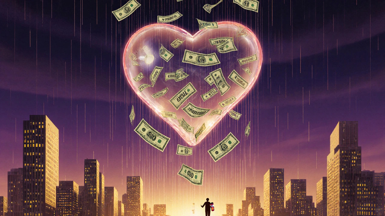 A glass heart made of falling dollar bills symbolizing the lifelong cost of a heart transplant.