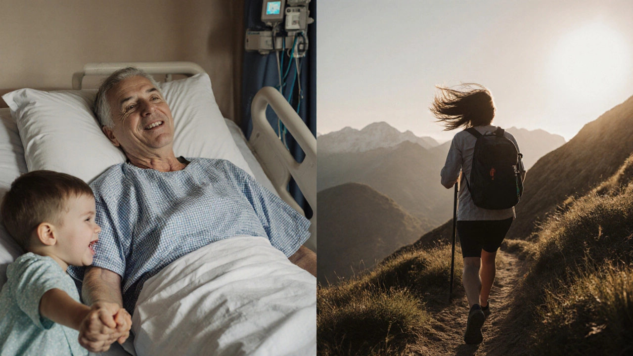 A patient who had a heart transplant, now healthy and hiking, with faint monitor in background.