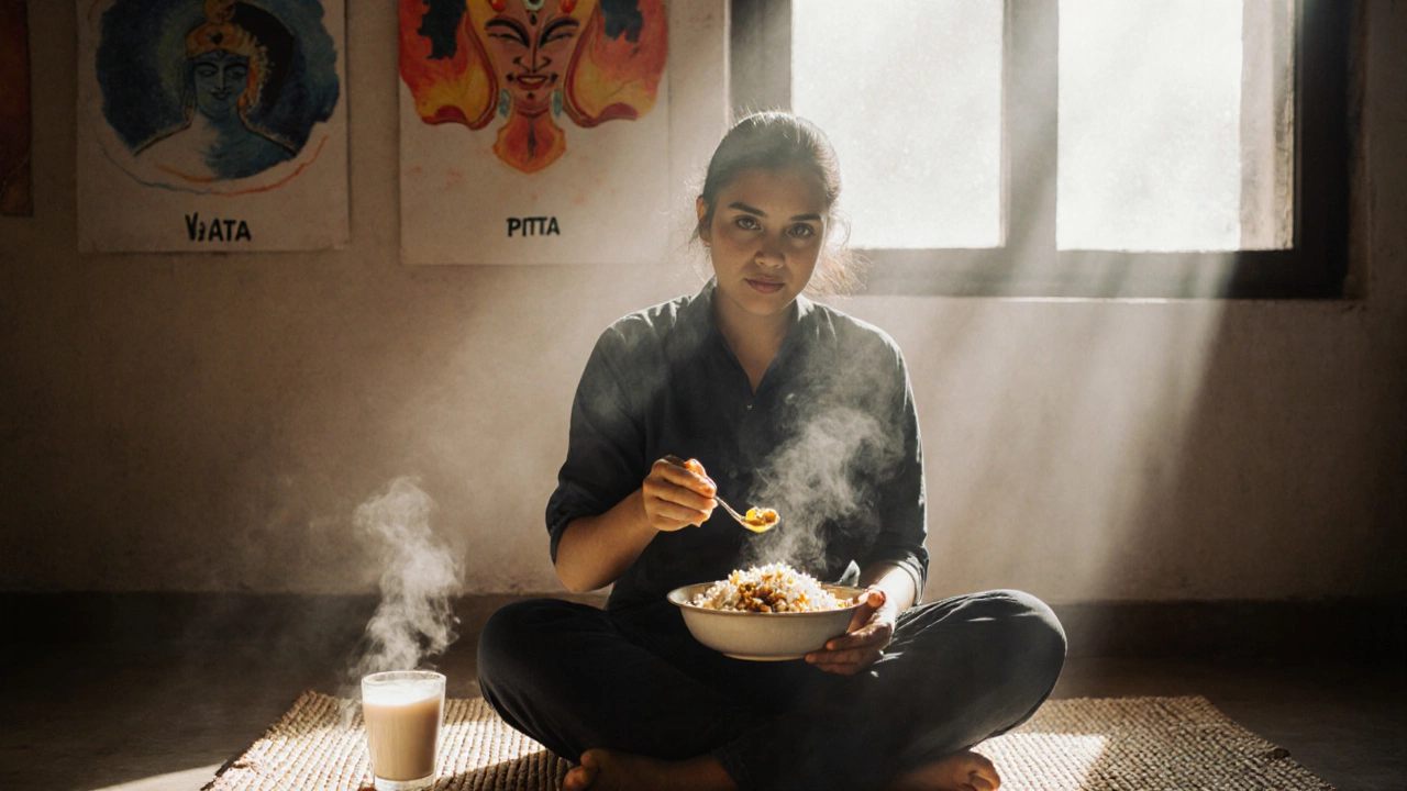A person eating warm lentil rice at noon, with symbolic paintings of the three doshas on the wall behind them.