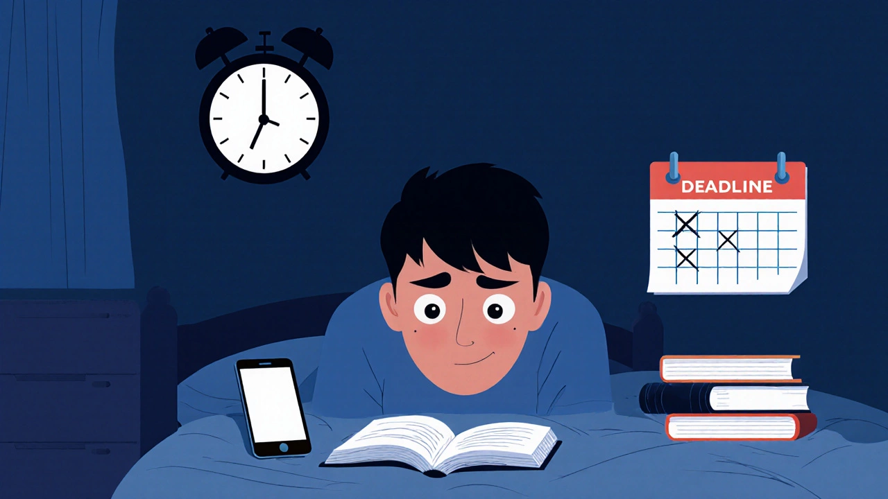 A teenager in a dark room at night, stressed over missed deadlines and glowing screens.