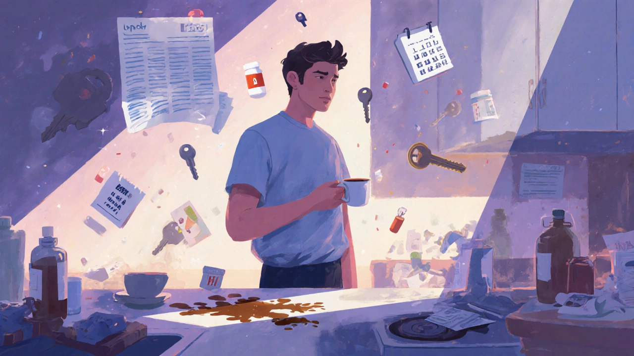 An adult in a messy kitchen, surrounded by floating reminders of daily responsibilities.