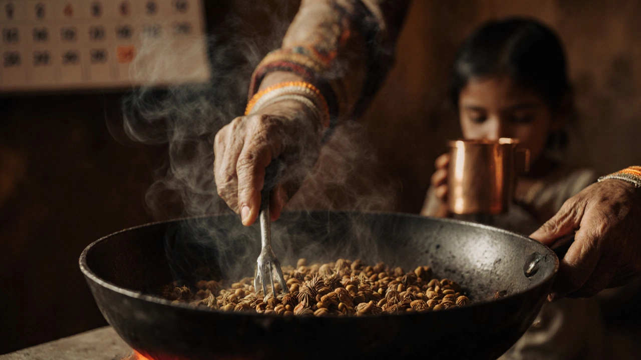 An elderly woman roasting spices in a cast-iron pan, steam rising as golden light fills the kitchen.