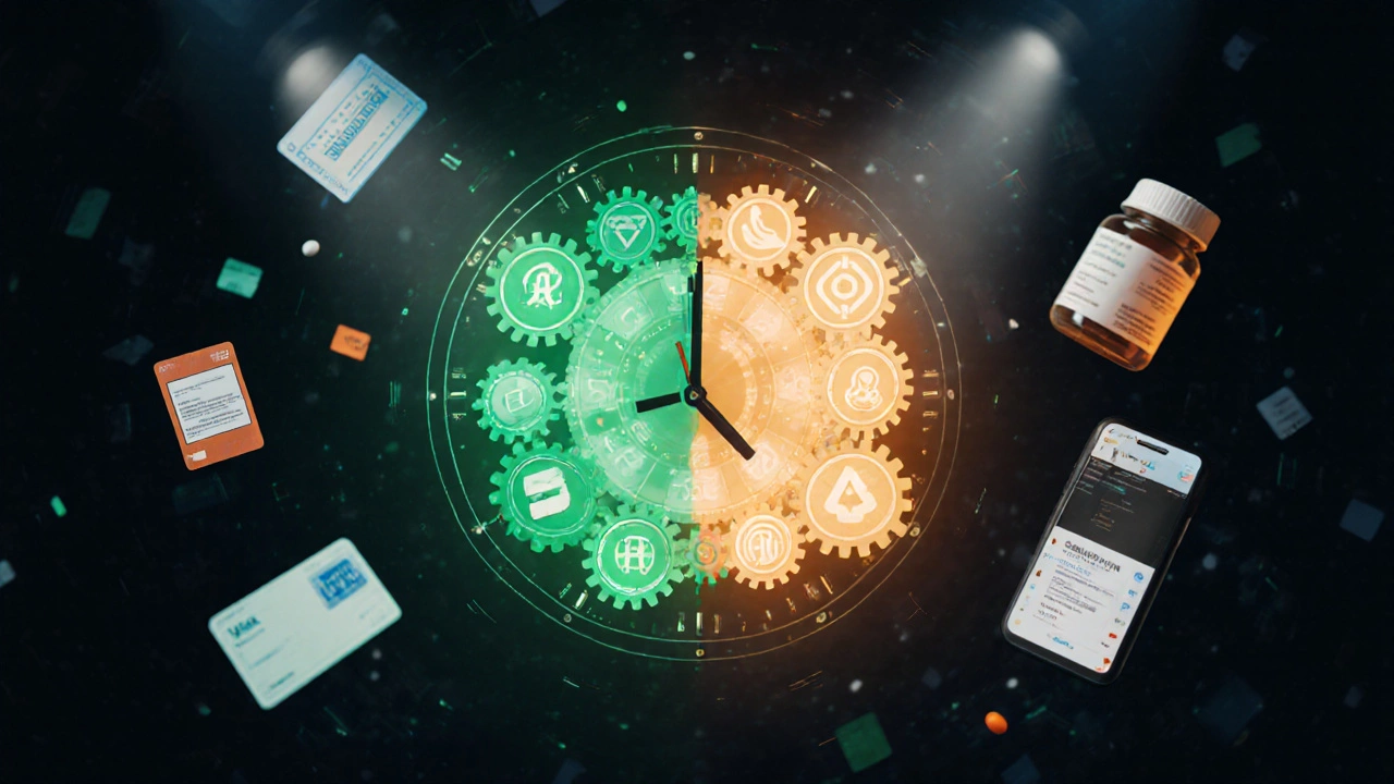 Clock made of prescription and insurance elements showing approval delay.