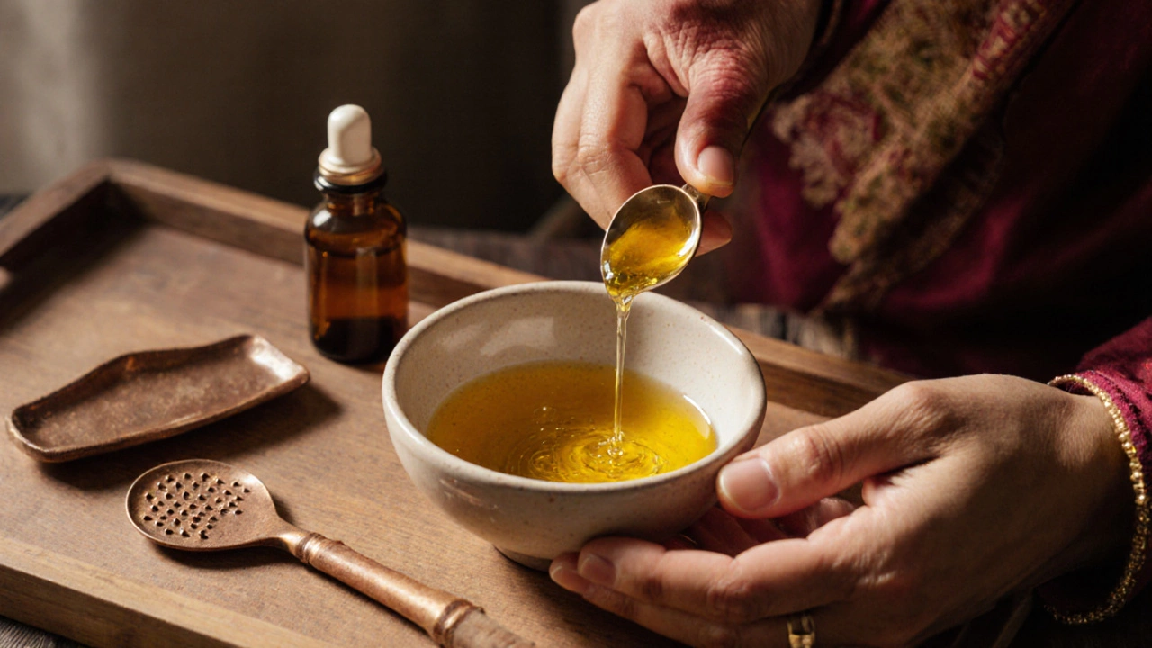 Close-up of hands swishing sesame oil in mouth during Ayurvedic oil pulling, morning light on chin and ceramic bowl.