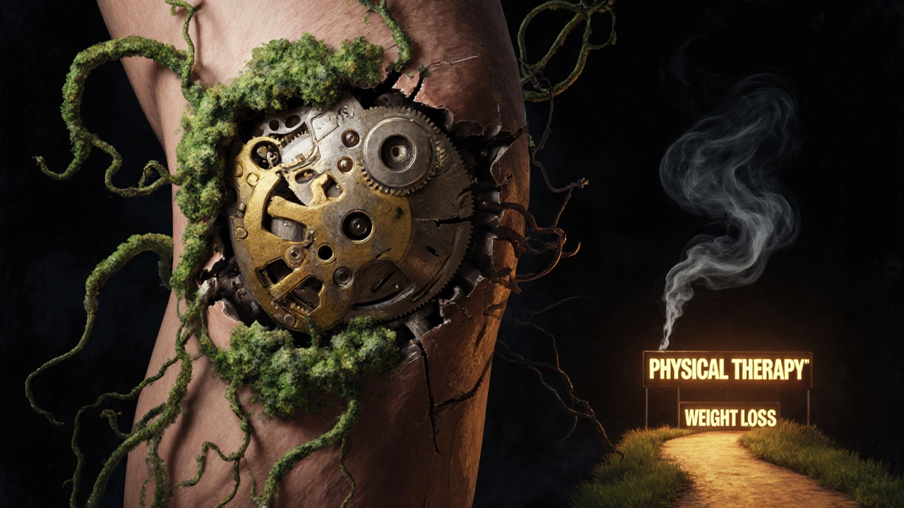 Fragile mechanical knee joint under stress from obesity, infection, and smoking, with alternative treatments glowing nearby.