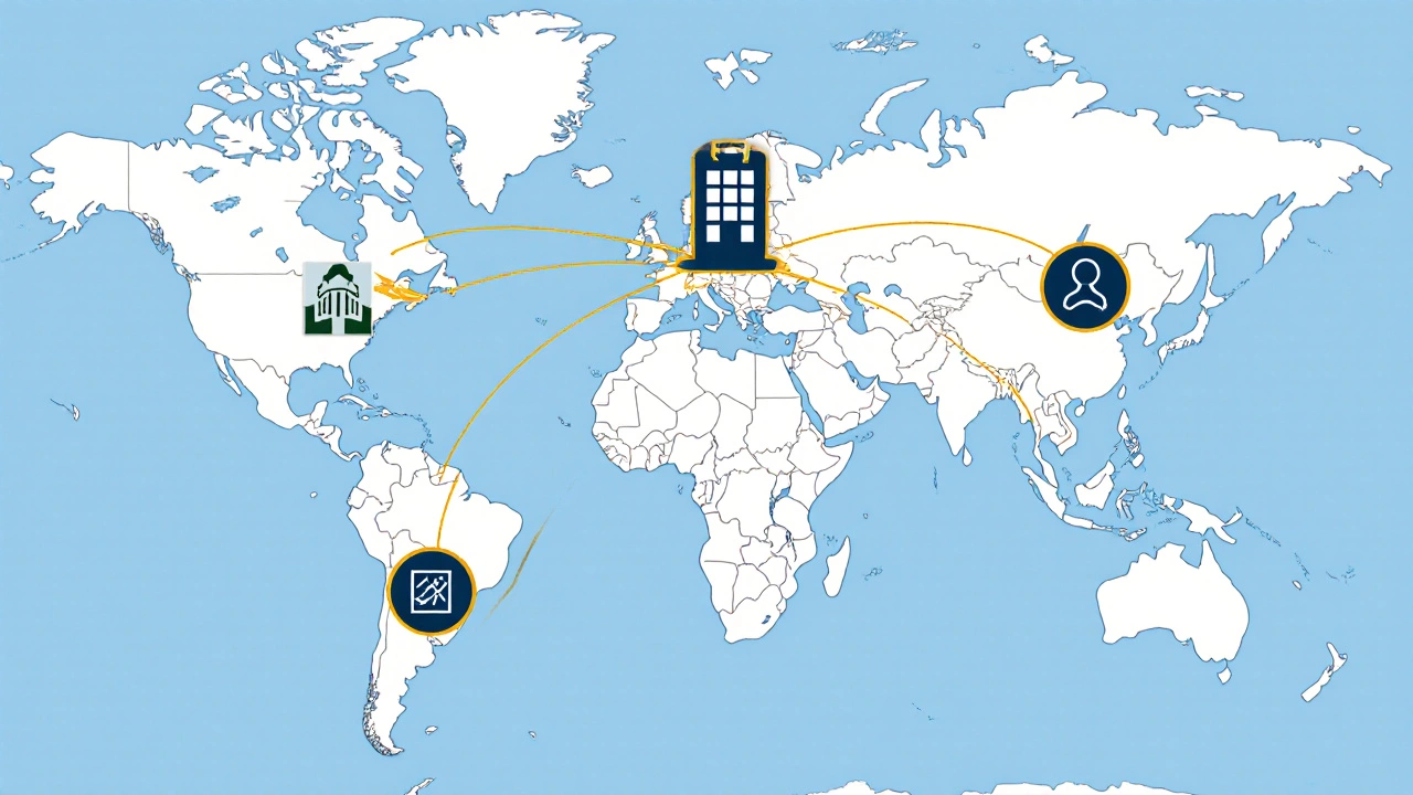 Global map with golden connections leading to Minnesota&#039;s accredited hospitals.