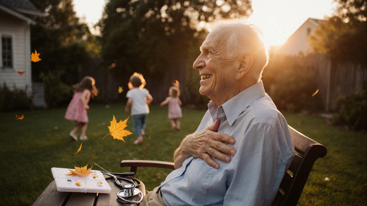 Heart transplant recipient sitting peacefully in a garden at sunset, watching grandchildren play, hand on chest, pill organizer nearby.