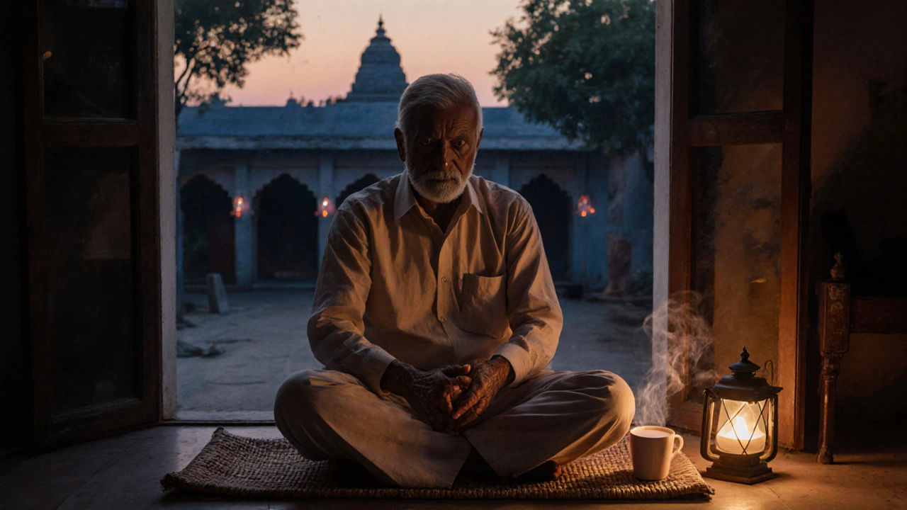 Man massaging warm oil into his joints at dusk in a quiet Indian courtyard.